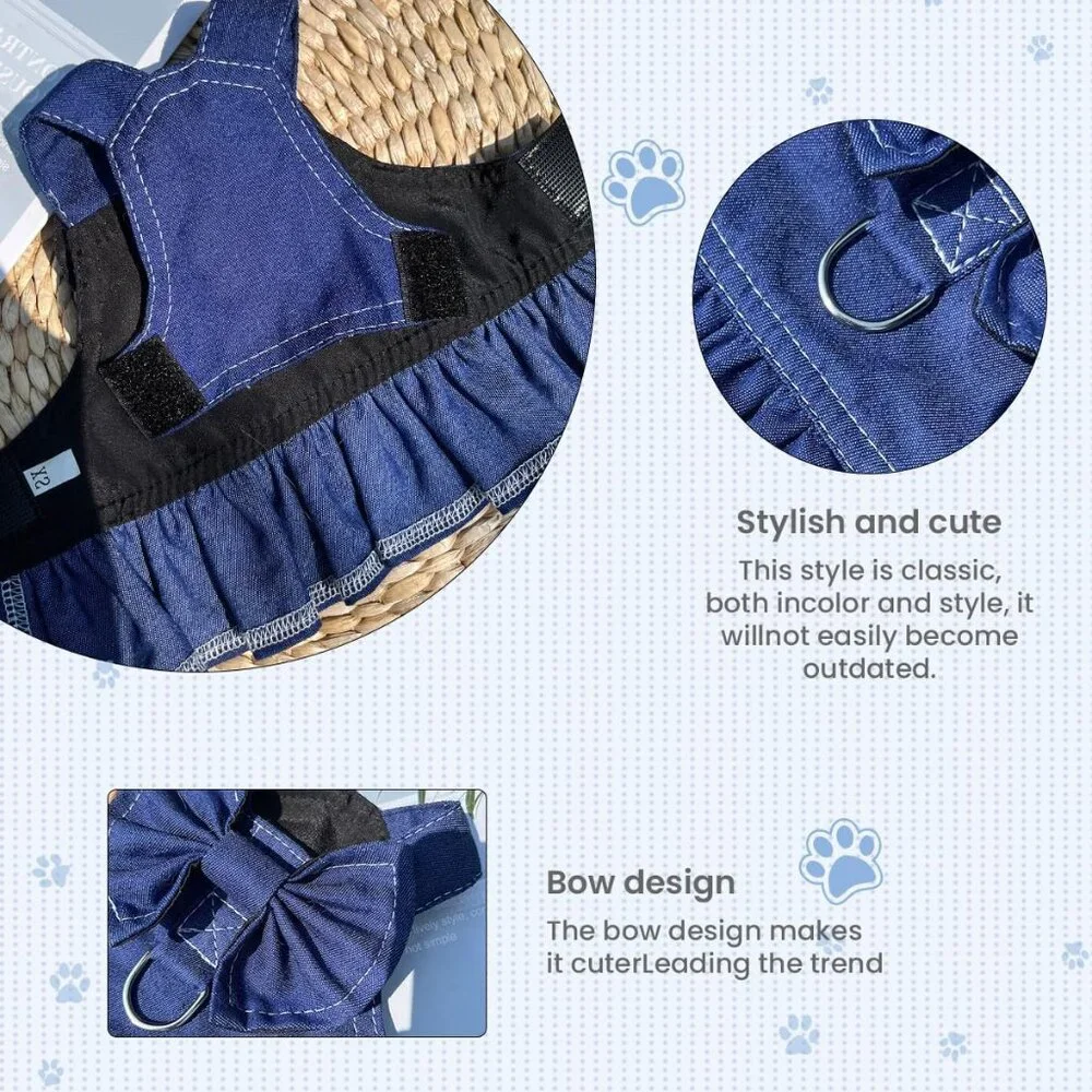 NEW Dog Denim Dresses Bow Princess Harness Dress Summer Dog Apparel with Ring